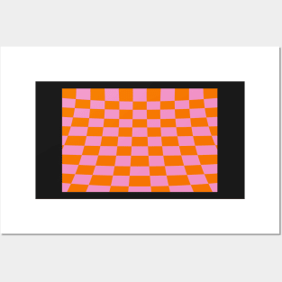 Warped perspective coloured checker board effect grid orange and pink Posters and Art